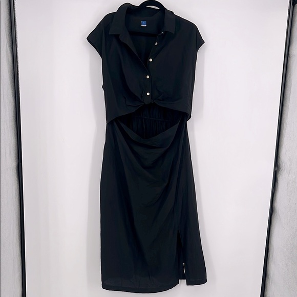 Old Navy Waist Defined Twist Front Midi Shirt Dress Short Sleeve Linen XL Black - Picture 1 of 8